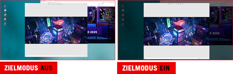 Der Screenshot des Desktops mit zwei geöffneten Fenstern. / Der Screenshot des Desktops mit zwei geöffneten Fenstern, wobei das obere Fenster auf normaler Helligkeit und das andere Fenster gedimmt ist.