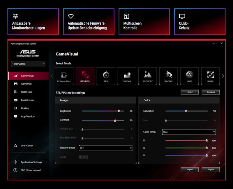 Screenshot der neuen ASUS DisplayWidget Center UI mit Systemeinstellungen, OLED-Funktionen und mehr.
