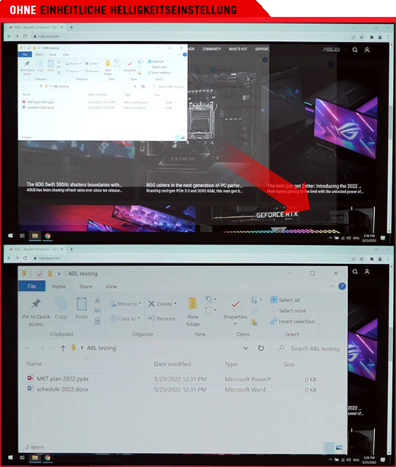 Vergleichsbilder, die ein weißes Fenster zeigen, das im ersten Bild vergrößert ist, während das zweite Bild eine schwächere Anzeige zeigt