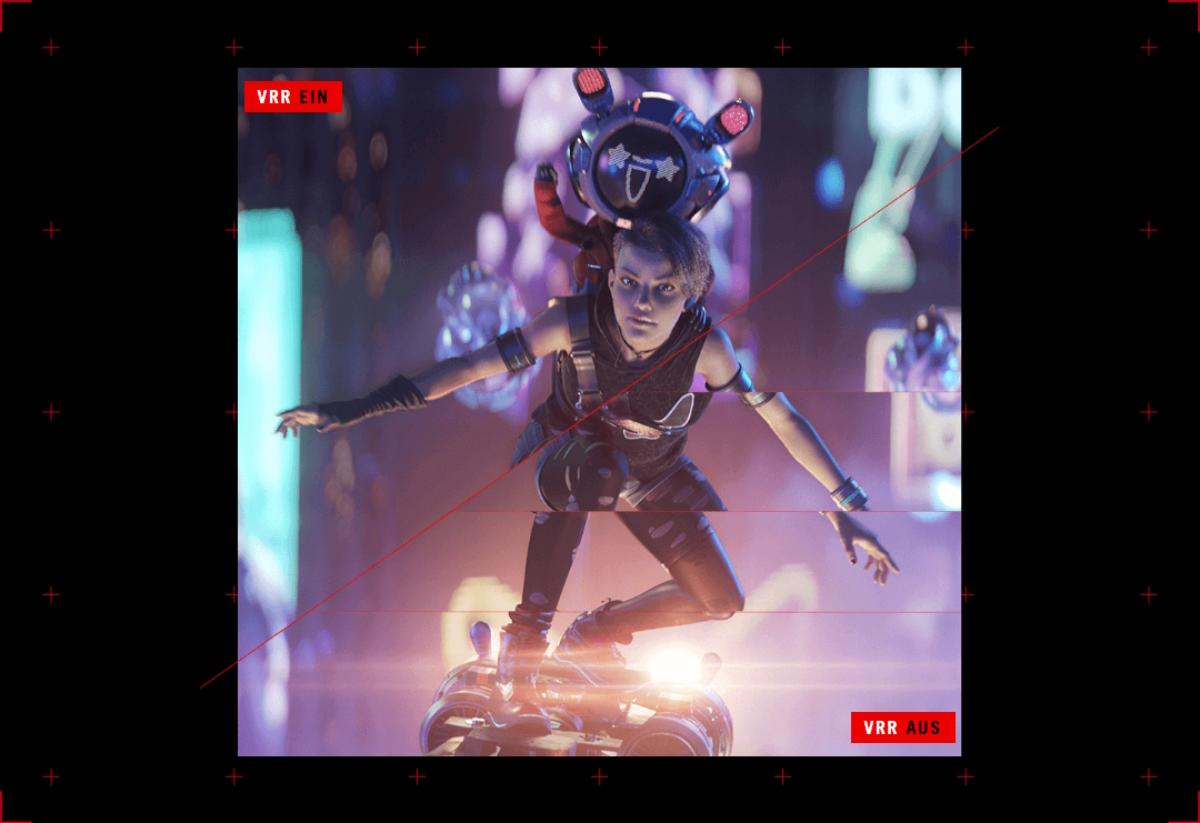 Bild von zwei Personen, die auf einem fliegenden Hoverboard fahren, wobei der Körper der einen Person ein gewisses Screen Tearing zeigt, wenn die VRR-Technologie ausgeschaltet ist.