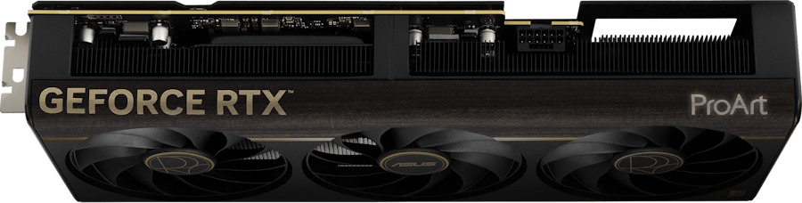 ProArt GeForce RTX 5080 Karte, schräge Ansicht von oben mit Slot-Design und Beleuchtung