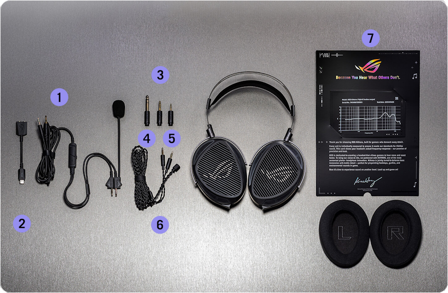 ROG Kithara Gaming-Headset und mitgeliefertes Zubehör, einschließlich Kabel, austauschbare Stecker, Bügelmikrofon, Ohrpolster und Klangsignatur-Zertifikat